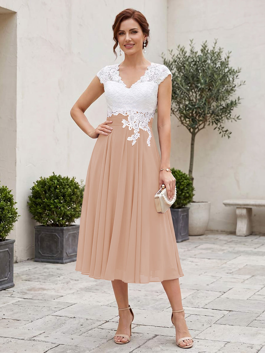 A-Line/Princess V-Neck Short Sleeves Tea-length Mother of the Bride Dresses with Applique &amp; Pleats