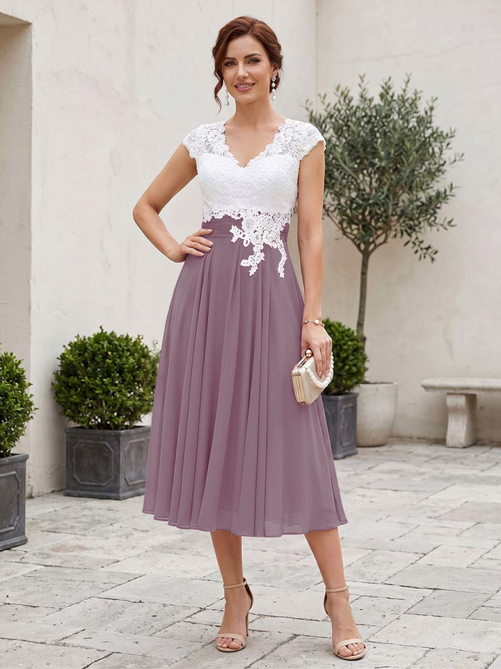 A-Line/Princess V-Neck Short Sleeves Tea-length Mother of the Bride Dresses with Applique &amp; Pleats