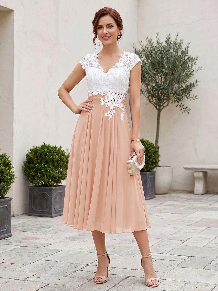 A-Line/Princess V-Neck Short Sleeves Tea-length Mother of the Bride Dresses with Applique &amp; Pleats