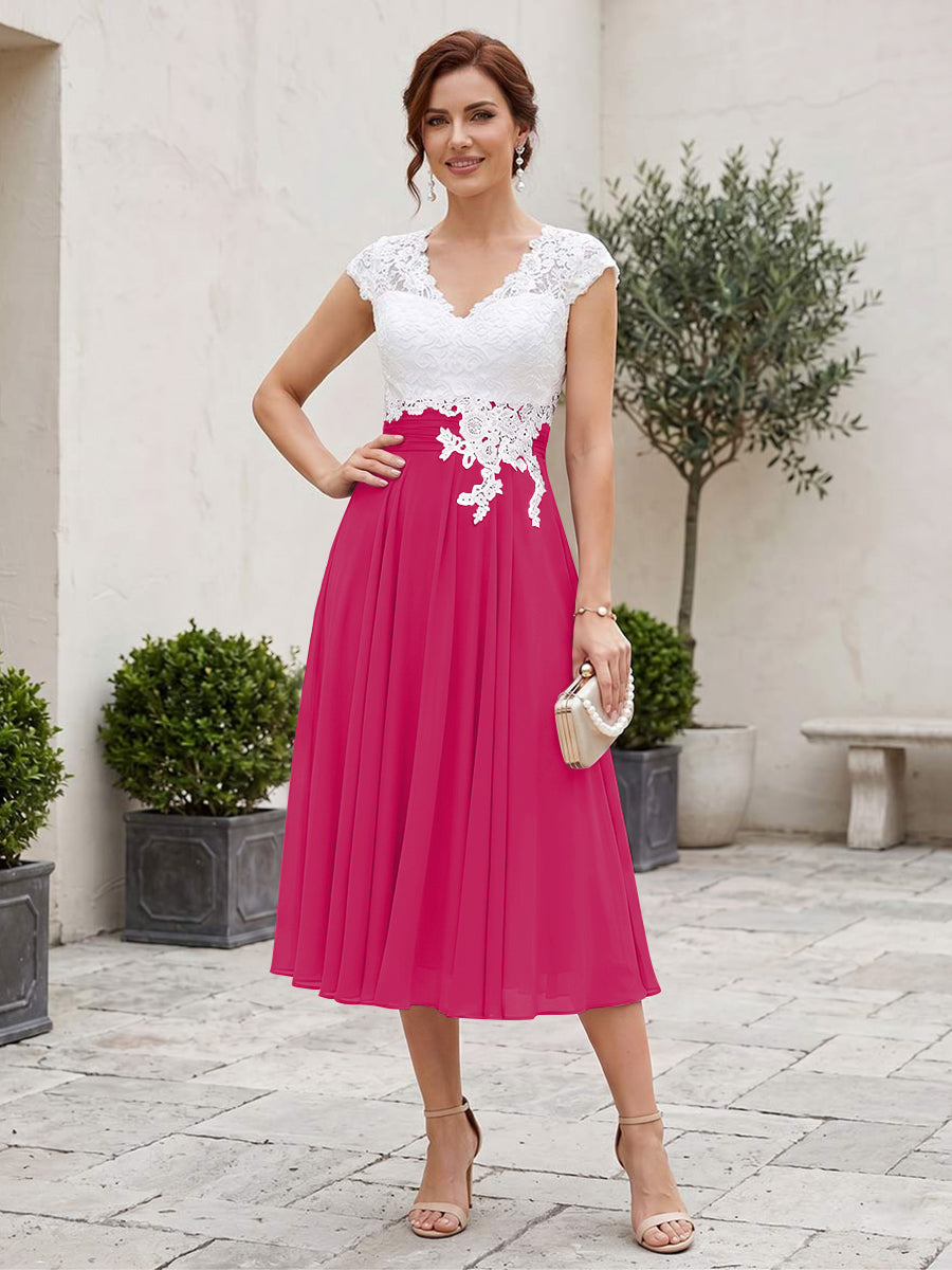 A-Line/Princess V-Neck Short Sleeves Tea-length Mother of the Bride Dresses with Applique &amp; Pleats