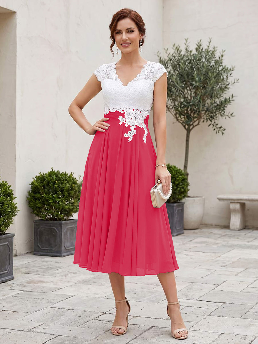 A-Line/Princess V-Neck Short Sleeves Tea-length Mother of the Bride Dresses with Applique &amp; Pleats
