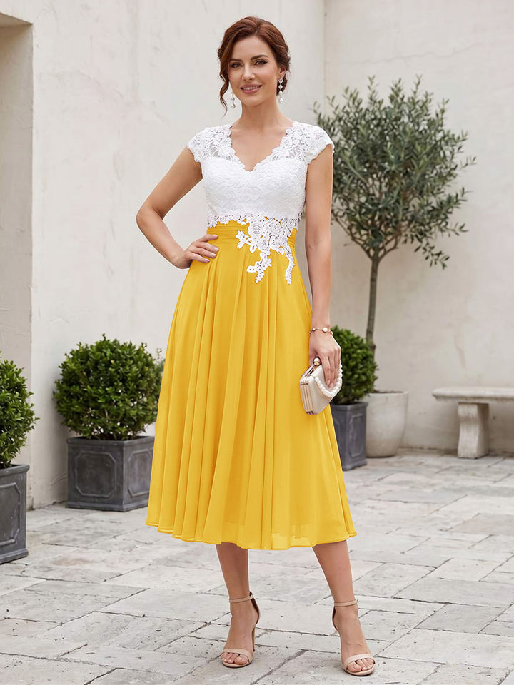 A-Line/Princess V-Neck Short Sleeves Tea-length Mother of the Bride Dresses with Applique &amp; Pleats