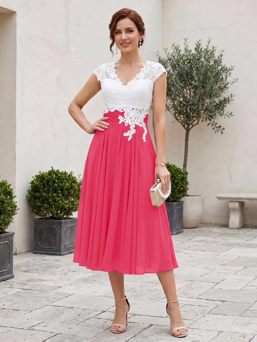 A-Line/Princess V-Neck Short Sleeves Tea-length Mother of the Bride Dresses with Applique &amp; Pleats