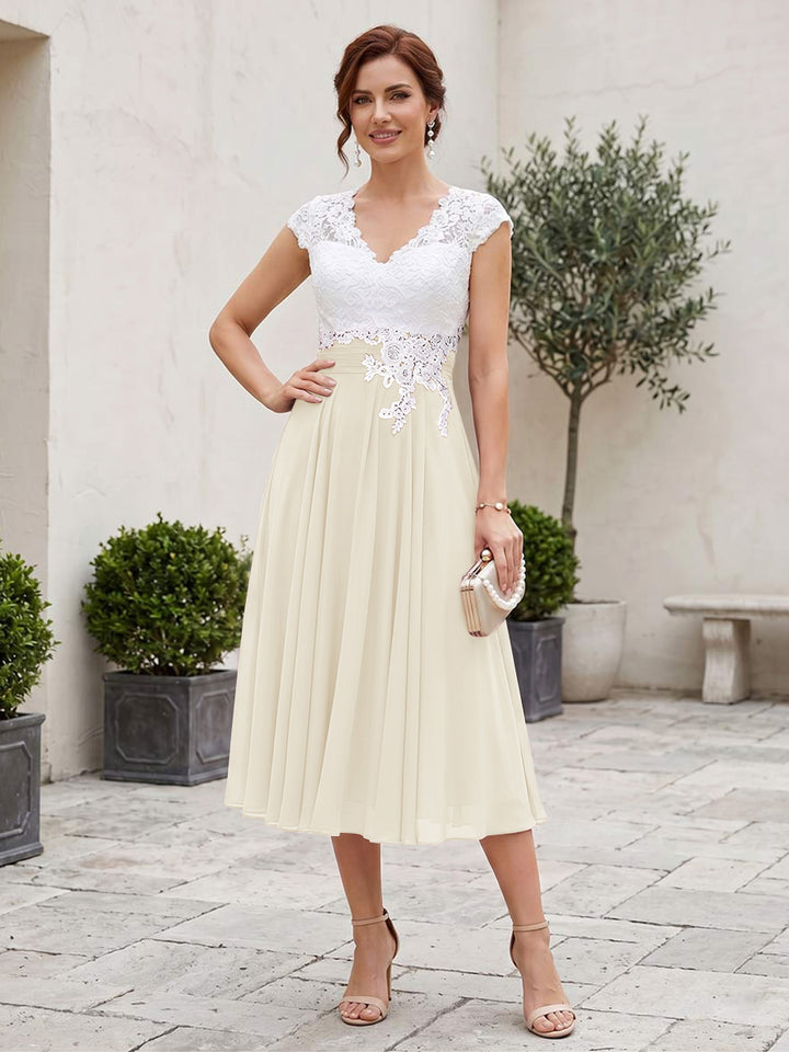 A-Line/Princess V-Neck Short Sleeves Tea-length Mother of the Bride Dresses with Applique &amp; Pleats