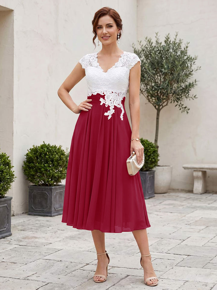 A-Line/Princess V-Neck Short Sleeves Tea-length Mother of the Bride Dresses with Applique &amp; Pleats