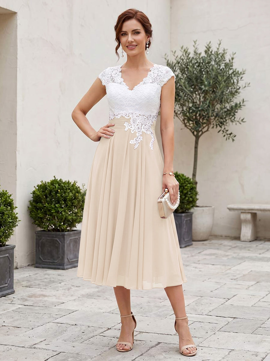 A-Line/Princess V-Neck Short Sleeves Tea-length Mother of the Bride Dresses with Applique &amp; Pleats