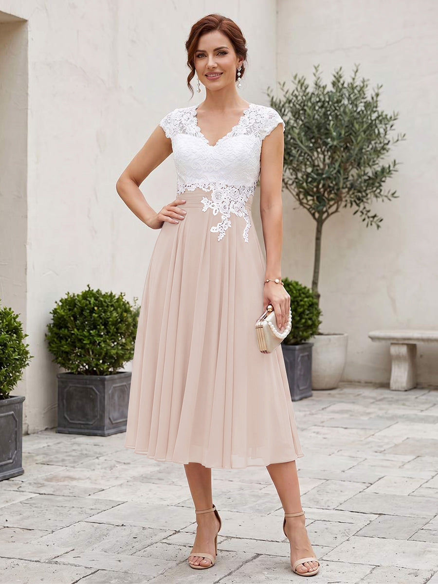 A-Line/Princess V-Neck Short Sleeves Tea-length Mother of the Bride Dresses with Applique &amp; Pleats