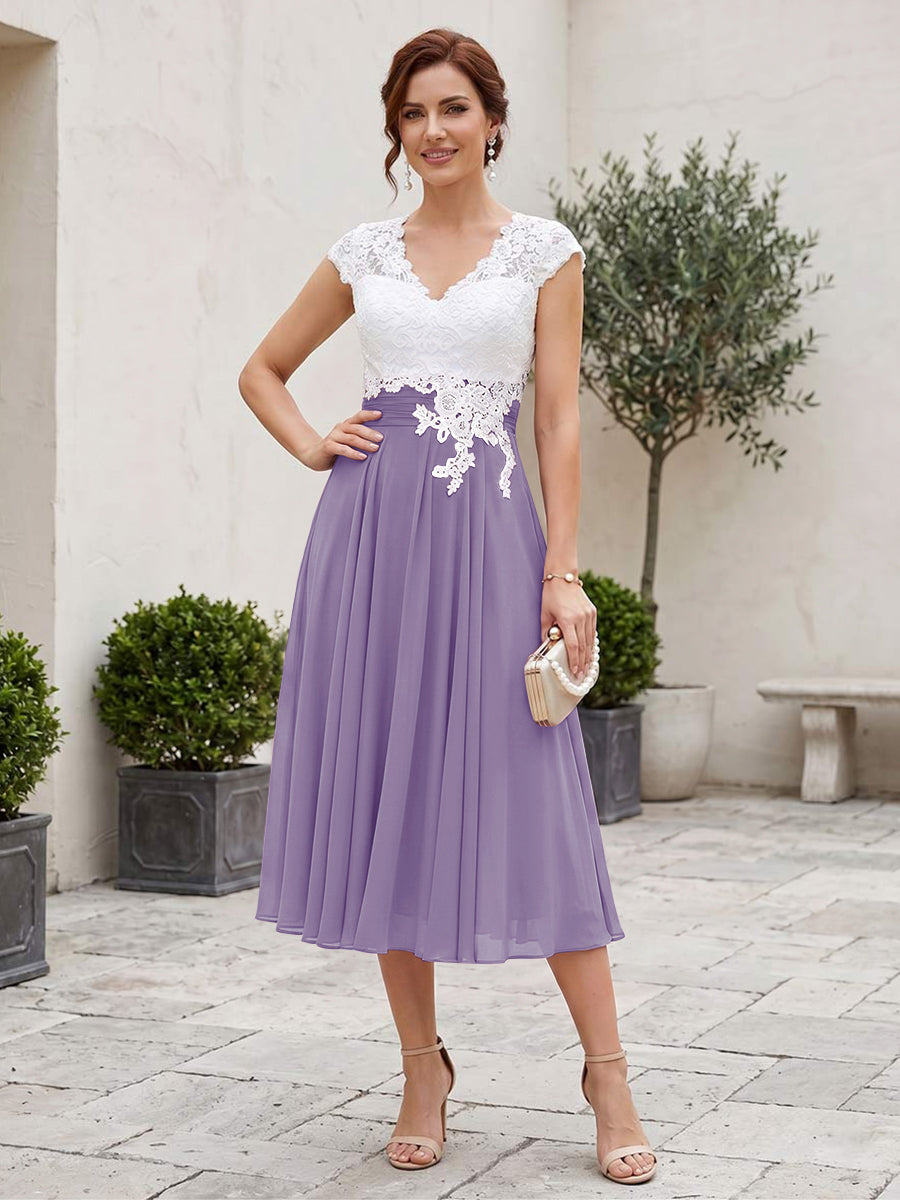 A-Line/Princess V-Neck Short Sleeves Tea-length Mother of the Bride Dresses with Applique &amp; Pleats