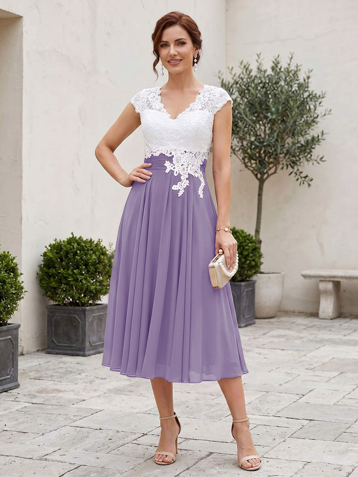 A-Line/Princess V-Neck Short Sleeves Tea-length Mother of the Bride Dresses with Applique &amp; Pleats