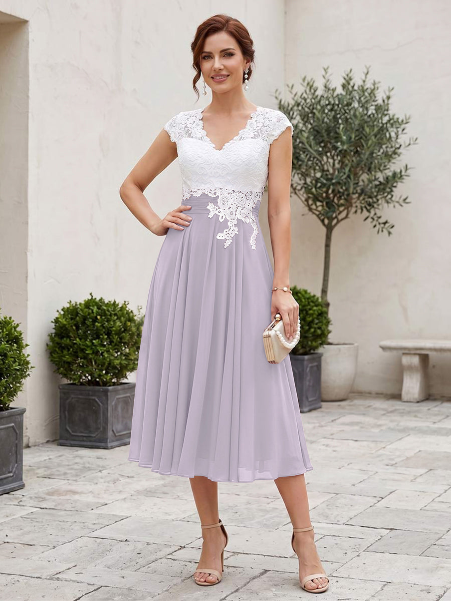 A-Line/Princess V-Neck Short Sleeves Tea-length Mother of the Bride Dresses with Applique &amp; Pleats