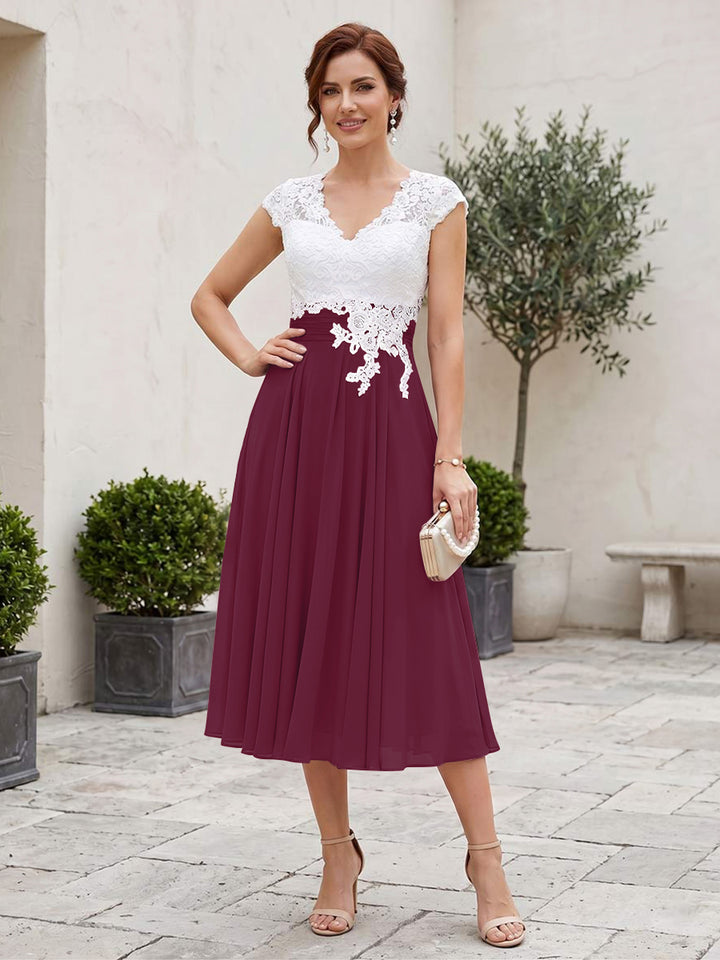 A-Line/Princess V-Neck Short Sleeves Tea-length Mother of the Bride Dresses with Applique &amp; Pleats