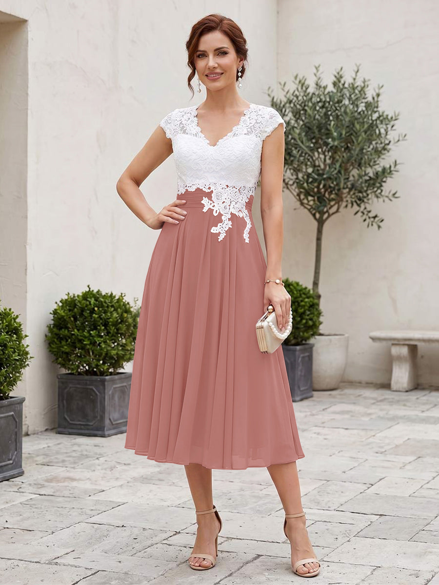 A-Line/Princess V-Neck Short Sleeves Tea-length Mother of the Bride Dresses with Applique &amp; Pleats