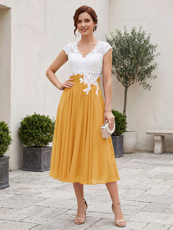 A-Line/Princess V-Neck Short Sleeves Tea-length Mother of the Bride Dresses with Applique &amp; Pleats