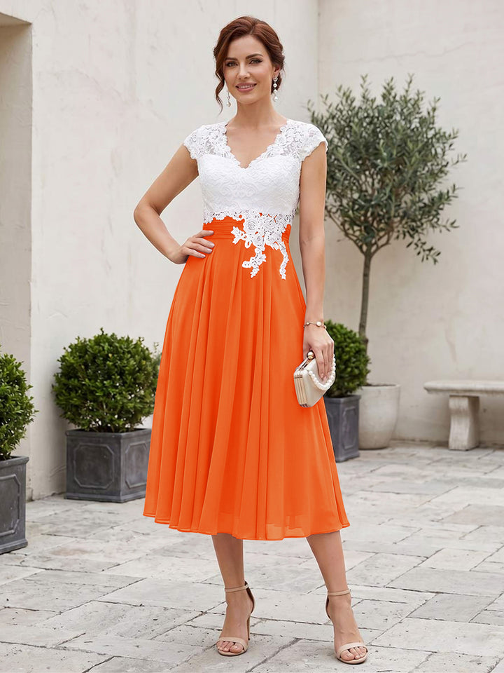 A-Line/Princess V-Neck Short Sleeves Tea-length Mother of the Bride Dresses with Applique &amp; Pleats