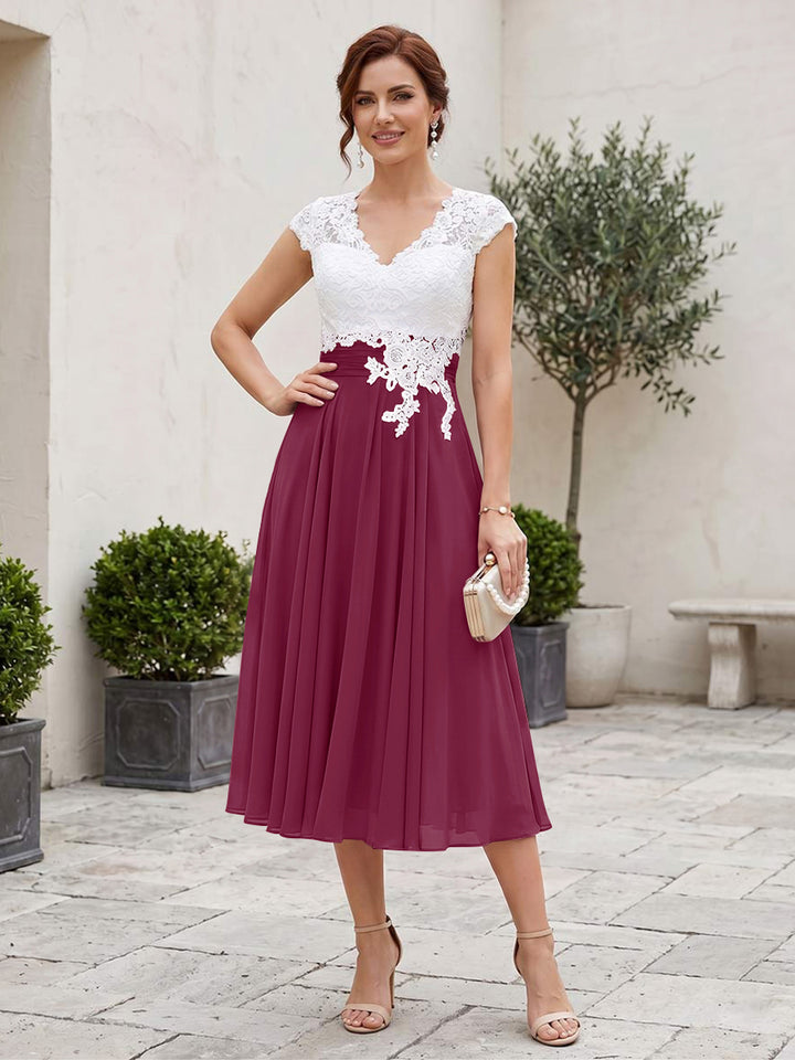 A-Line/Princess V-Neck Short Sleeves Tea-length Mother of the Bride Dresses with Applique &amp; Pleats