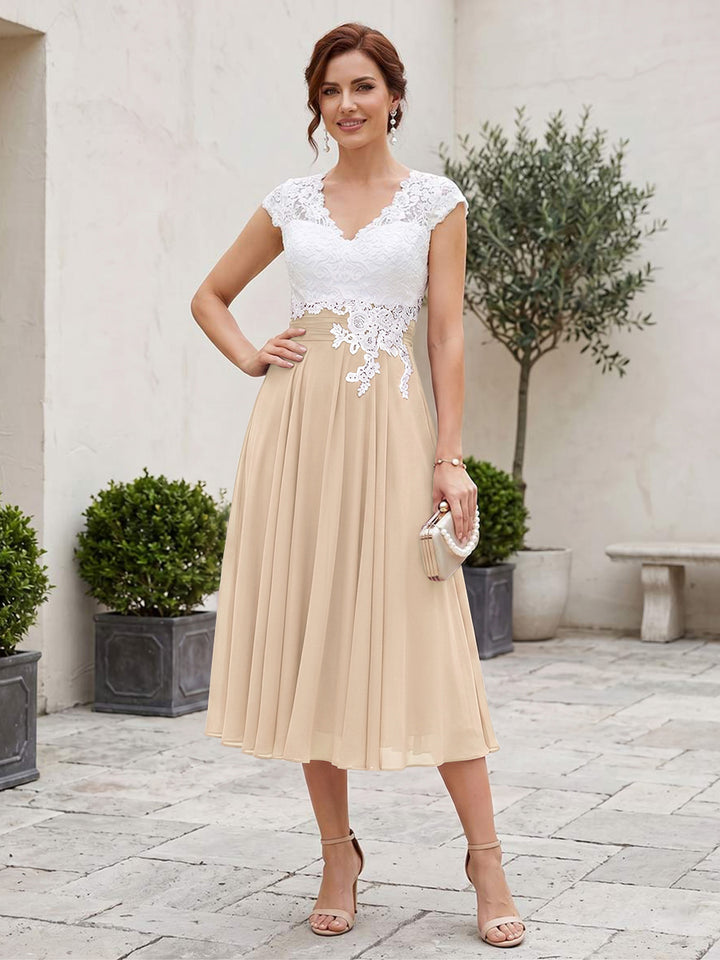 A-Line/Princess V-Neck Short Sleeves Tea-length Mother of the Bride Dresses with Applique &amp; Pleats