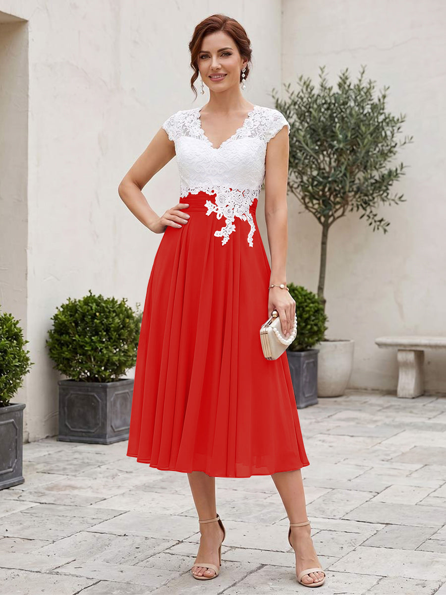A-Line/Princess V-Neck Short Sleeves Tea-length Mother of the Bride Dresses with Applique &amp; Pleats