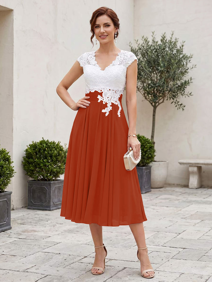 A-Line/Princess V-Neck Short Sleeves Tea-length Mother of the Bride Dresses with Applique &amp; Pleats