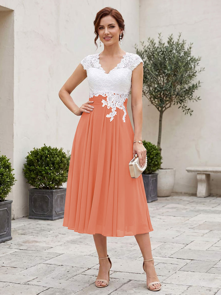 A-Line/Princess V-Neck Short Sleeves Tea-length Mother of the Bride Dresses with Applique &amp; Pleats