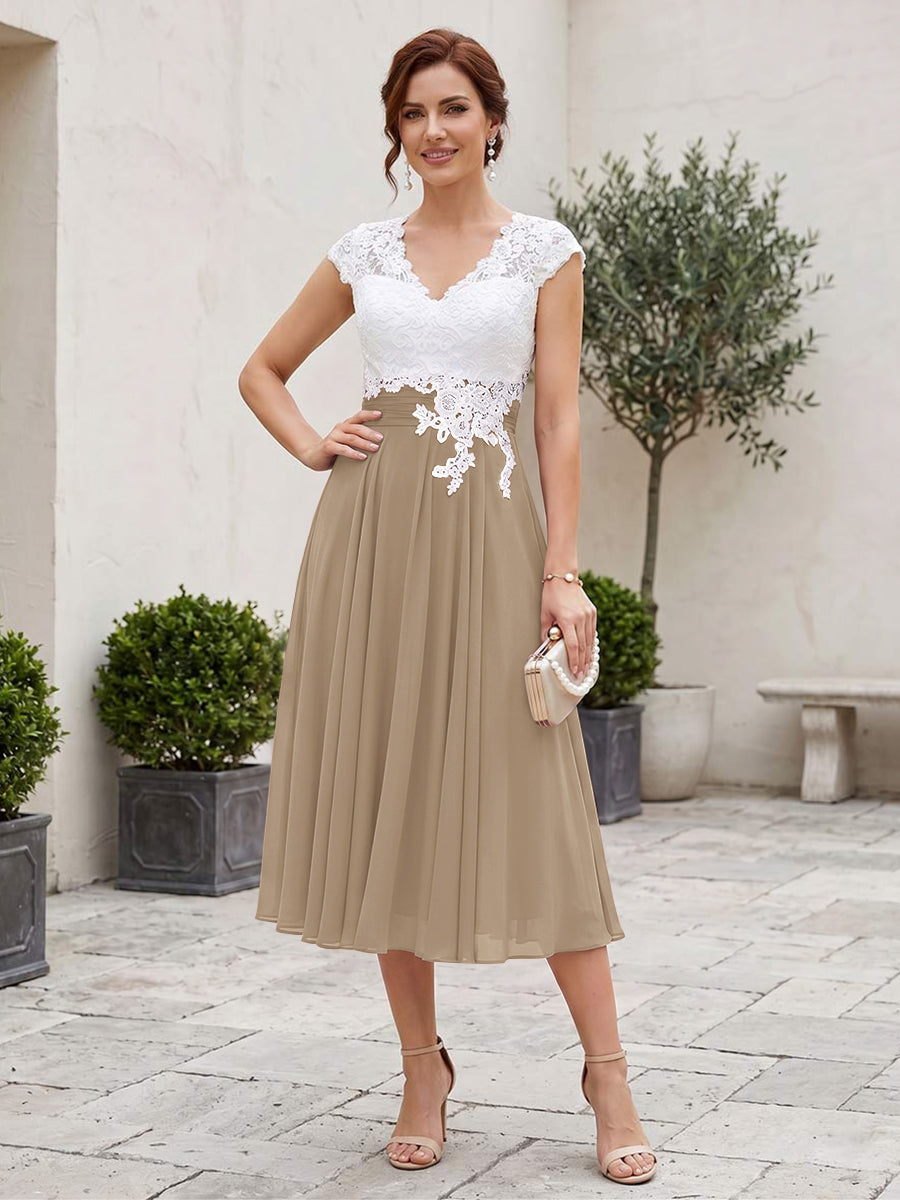A-Line/Princess V-Neck Short Sleeves Tea-length Mother of the Bride Dresses with Applique &amp; Pleats