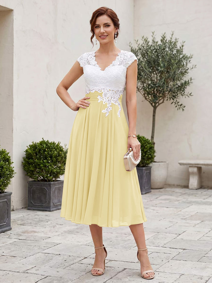A-Line/Princess V-Neck Short Sleeves Tea-length Mother of the Bride Dresses with Applique &amp; Pleats