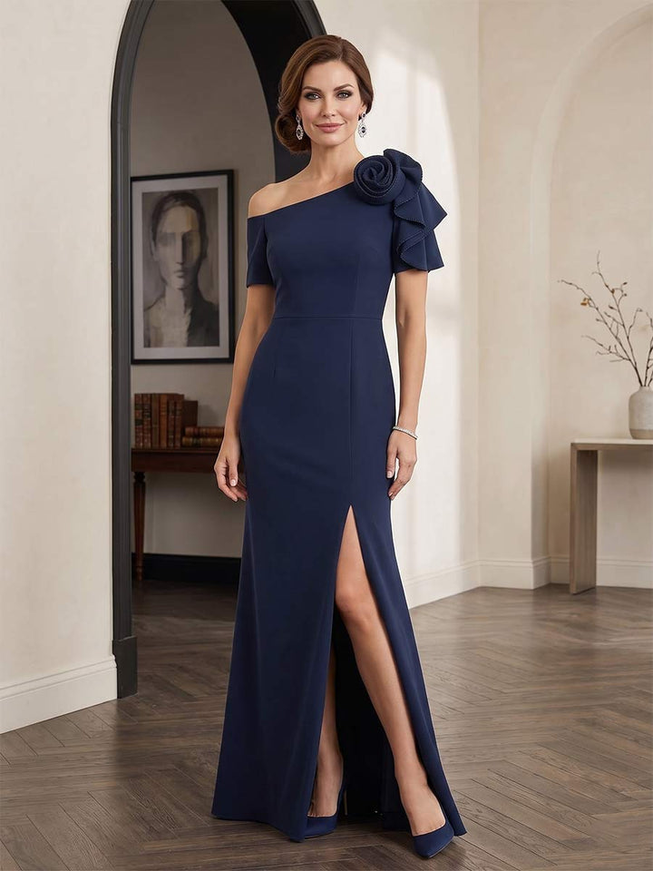 Sheath/Column One Shoulder Short Sleeves Floor-length Mother of the Bride Dresses with Split Side &amp; 3D Floral