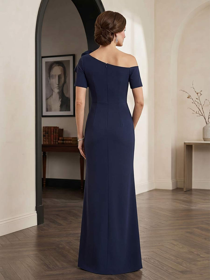 Sheath/Column One Shoulder Short Sleeves Floor-length Mother of the Bride Dresses with Split Side &amp; 3D Floral