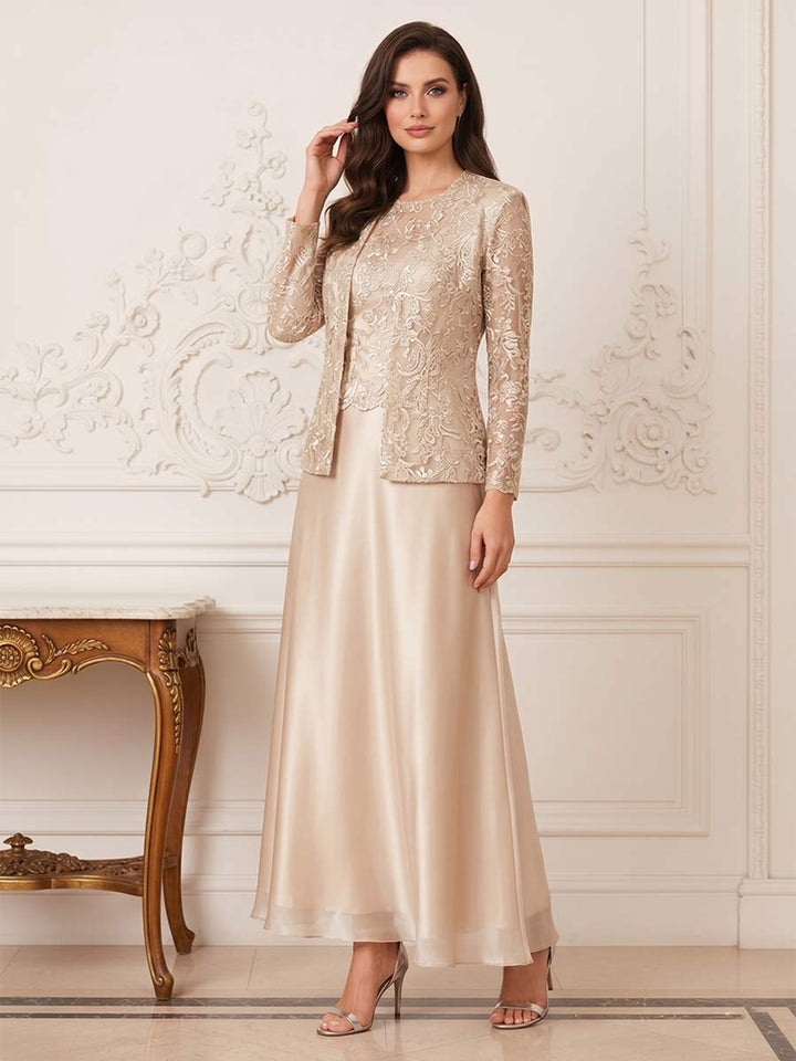 A-Line/Princess 2-Piece Scoop Long Sleeves Ankle-Length Mother of the Bride Dresses with Applique &amp; Jacket