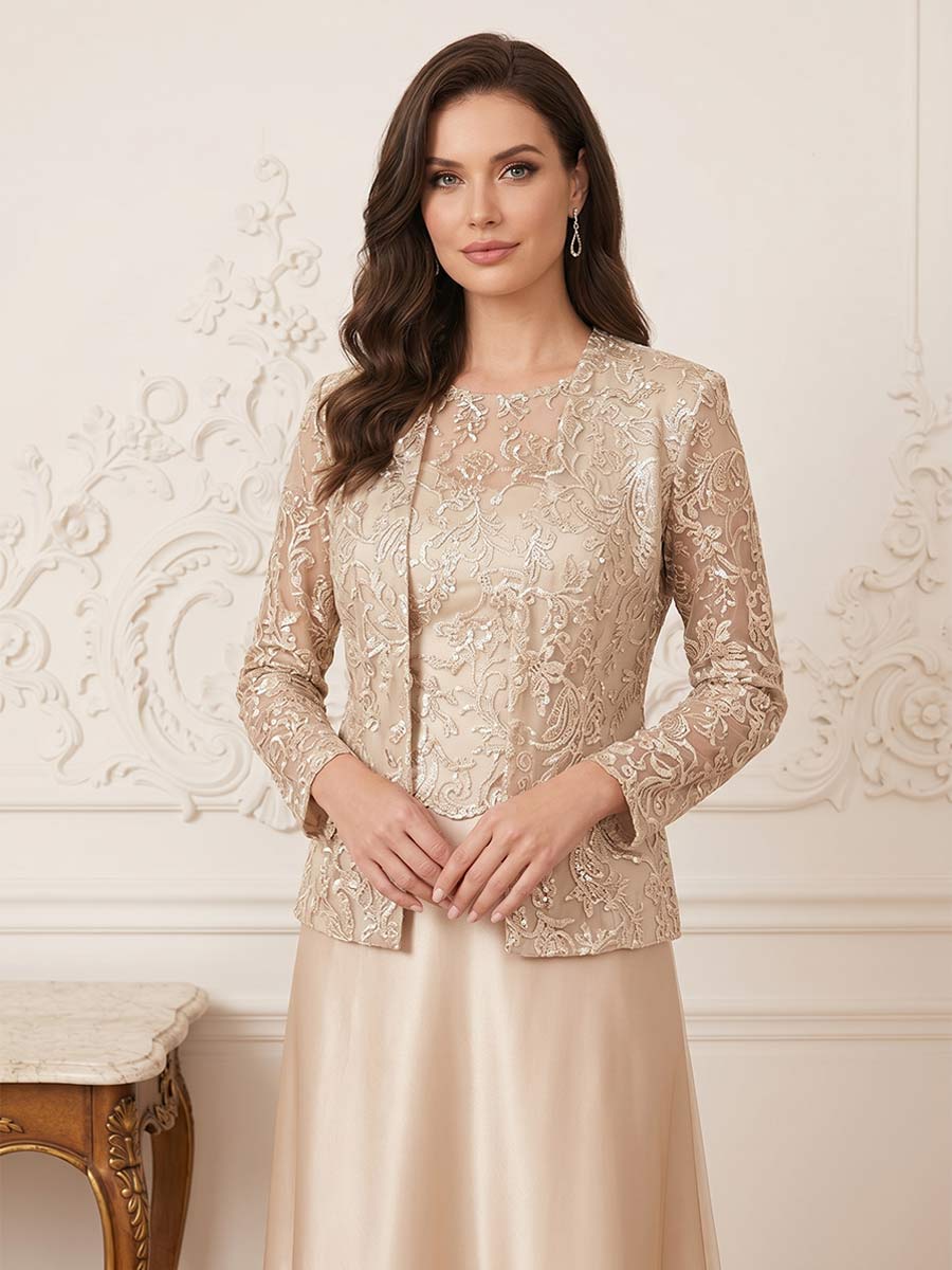 A-Line/Princess 2-Piece Scoop Long Sleeves Ankle-Length Mother of the Bride Dresses with Applique &amp; Jacket