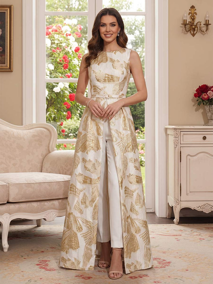Jumpsuit Boat Neck Sleeveless Floor-Length Mother of the Bride Dresses with Pockets &amp; Belt