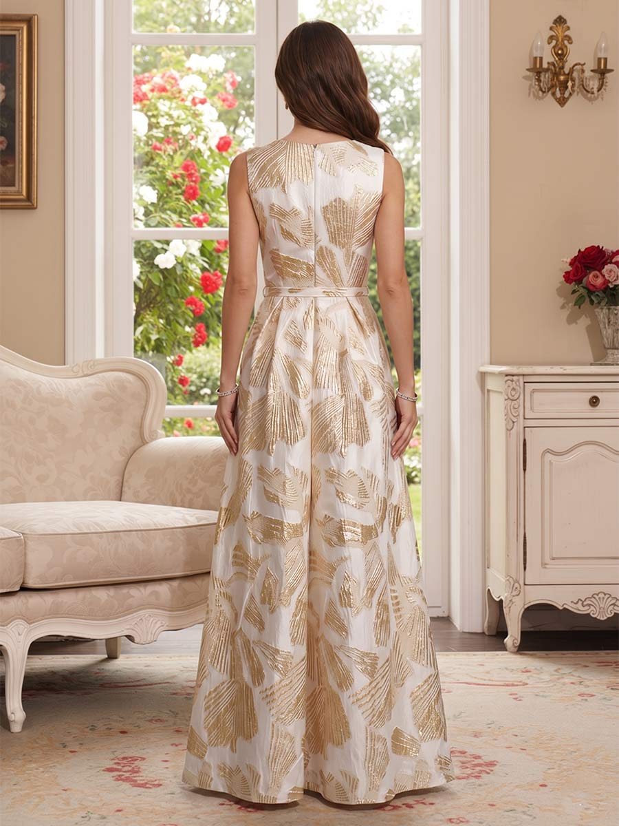 Jumpsuit Boat Neck Sleeveless Floor-Length Mother of the Bride Dresses with Pockets &amp; Belt