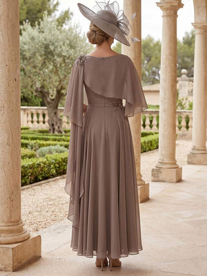 A-Line/Princess  Bateau Neck Short Sleeves Ankle-Length Mother of the Bride Dresses with Lace & Rhinestone