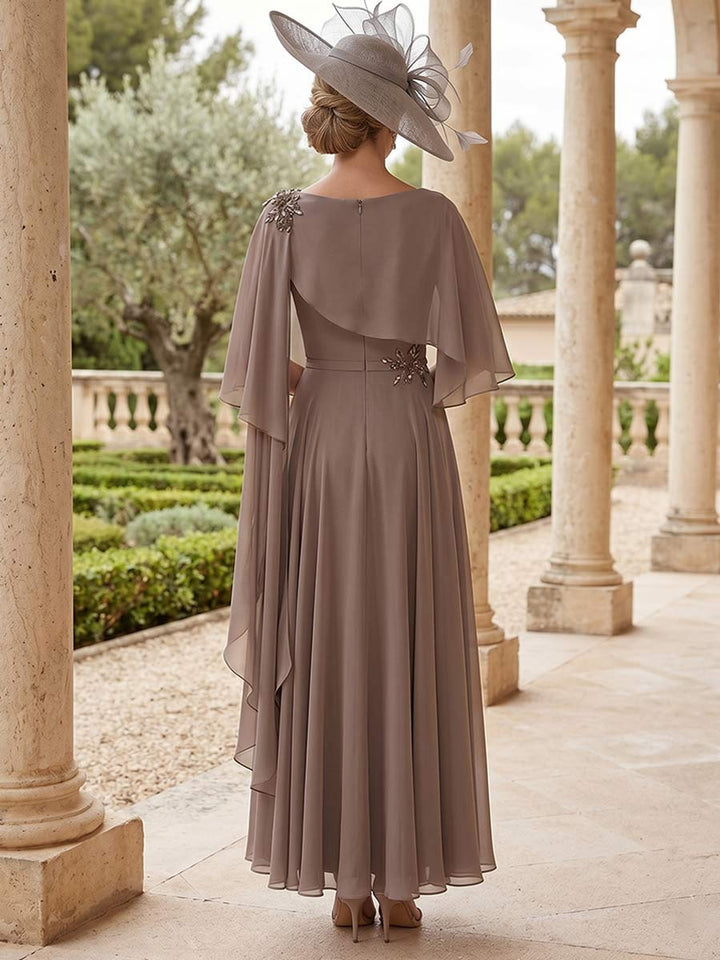 A-Line/Princess  Bateau Neck Short Sleeves Ankle-Length Mother of the Bride Dresses with Lace &amp; Rhinestone