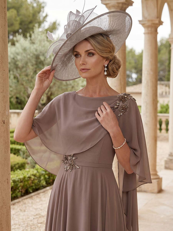A-Line/Princess  Bateau Neck Short Sleeves Ankle-Length Mother of the Bride Dresses with Lace &amp; Rhinestone