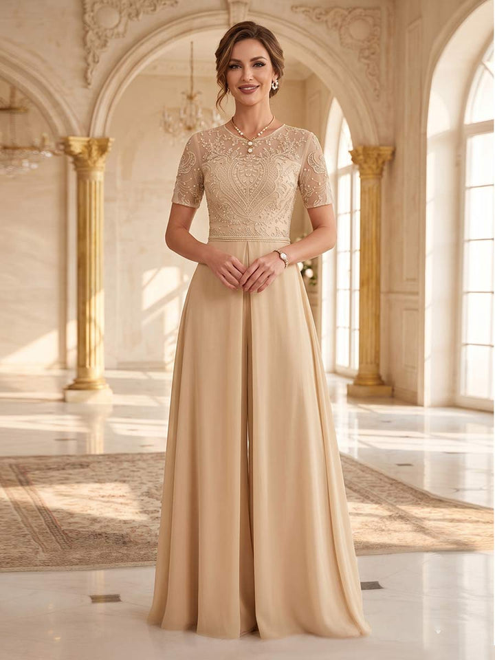 Jumpsuit Scoop Short Sleeves Floor-Length Mother of the Bride Dresses with Sequins &amp; Applique