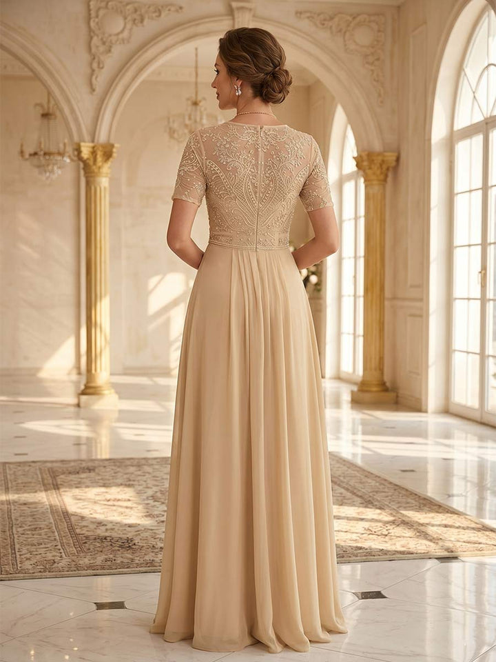 Jumpsuit Scoop Short Sleeves Floor-Length Mother of the Bride Dresses with Sequins &amp; Applique