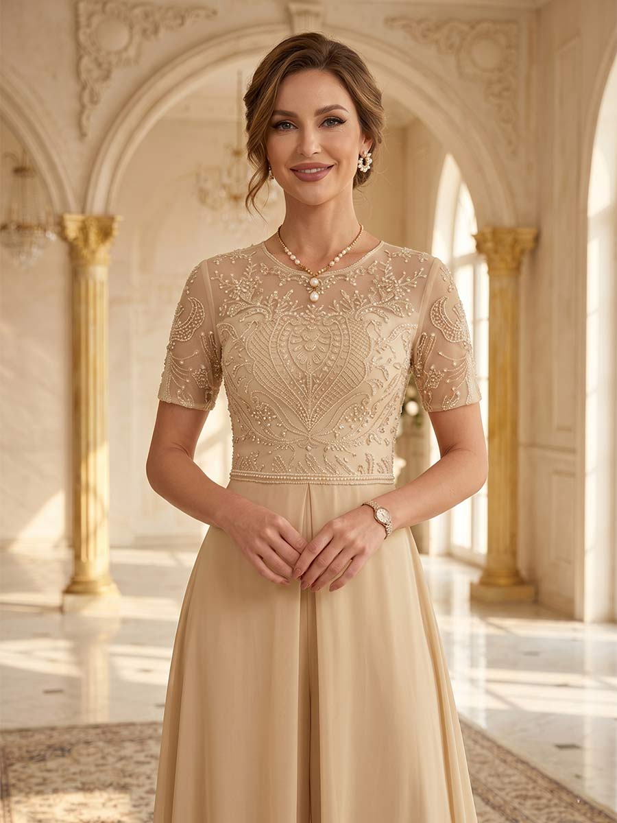 Jumpsuit Scoop Short Sleeves Floor-Length Mother of the Bride Dresses with Sequins &amp; Applique