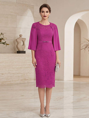 Sheath/Column 2-Piece Scoop Long Sleeves Knee-Length Mother of the Bride Dresses with Applique
