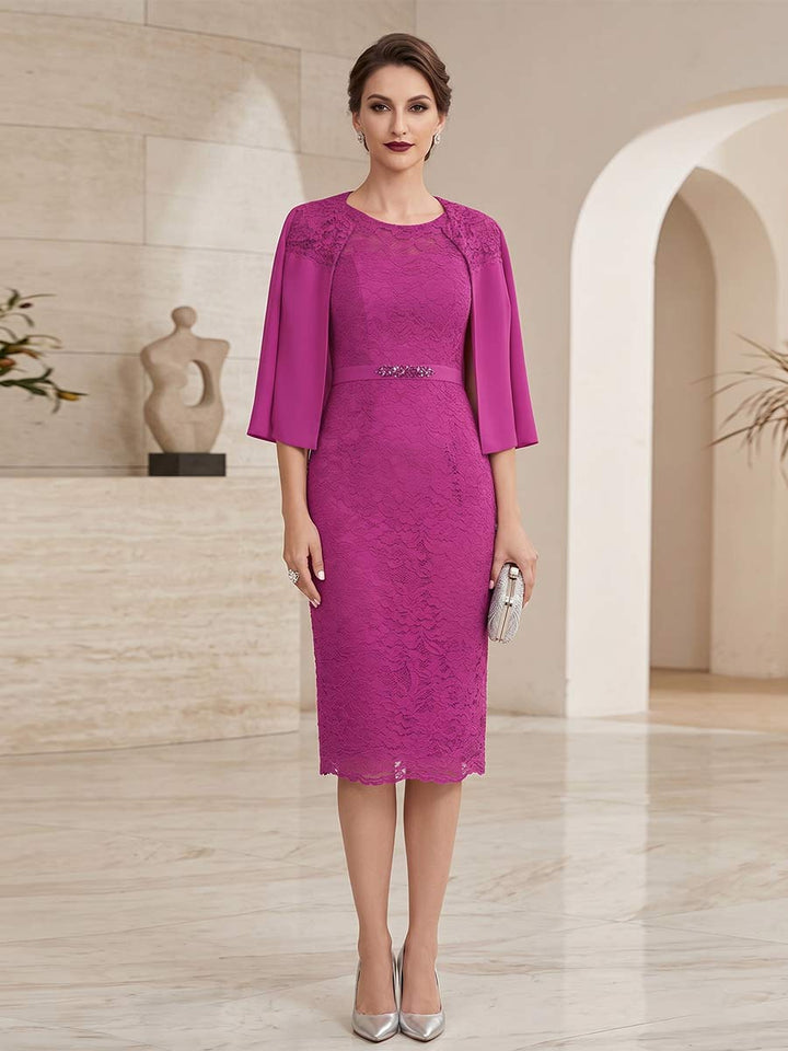 Sheath/Column 2-Piece Scoop Long Sleeves Knee-Length Mother of the Bride Dresses with Applique