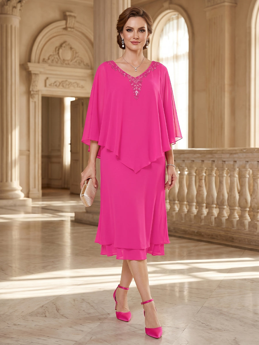 Sheath/Column V-Neck Flutter Sleeves Tea-length Mother of the Bride Dresses with Ruched &amp; Beading
