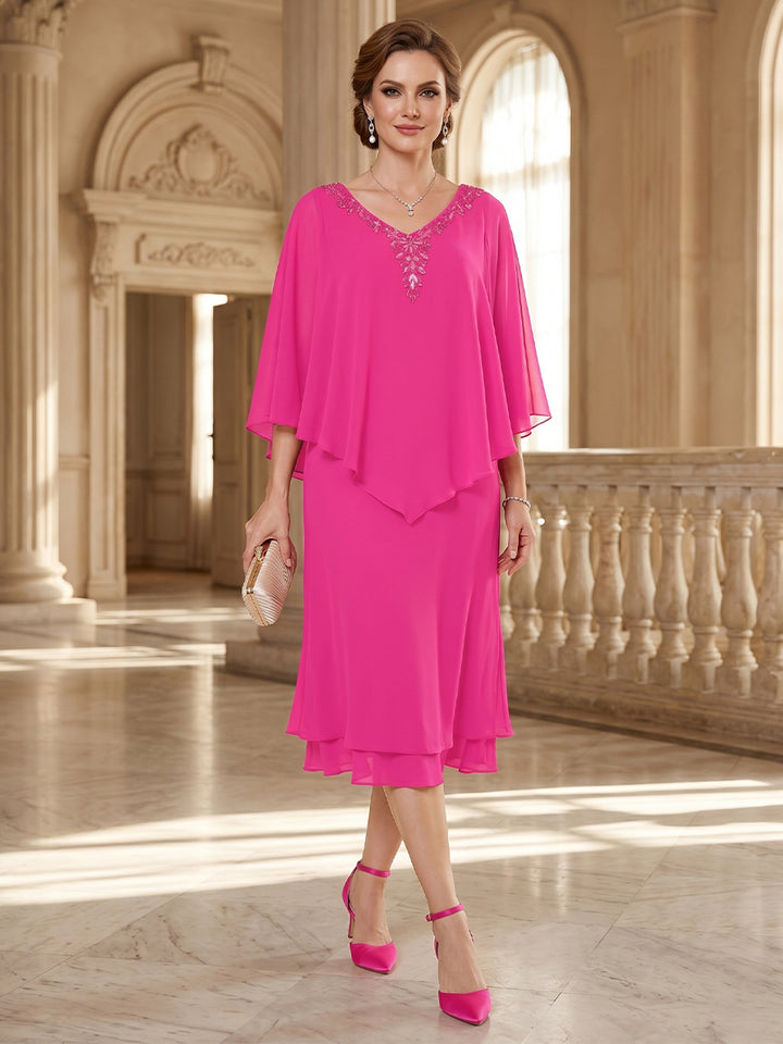 Sheath/Column V-Neck Flutter Sleeves Tea-length Mother of the Bride Dresses with Ruched &amp; Beading