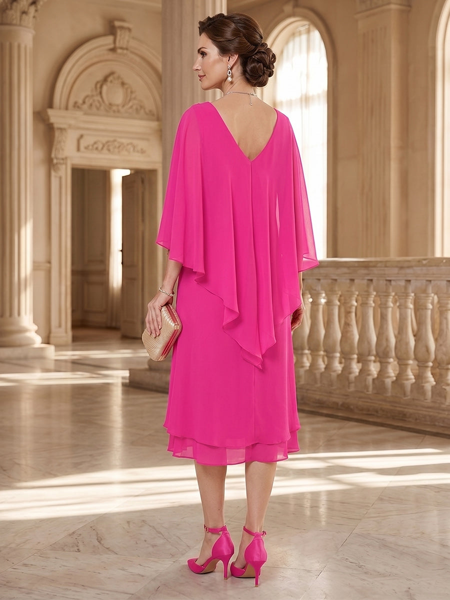 Sheath/Column V-Neck Flutter Sleeves Tea-length Mother of the Bride Dresses with Ruched &amp; Beading