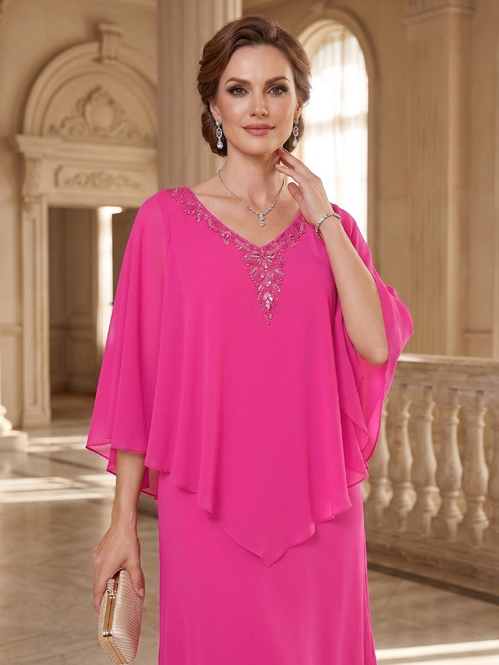 Sheath/Column V-Neck Flutter Sleeves Tea-length Mother of the Bride Dresses with Ruched &amp; Beading