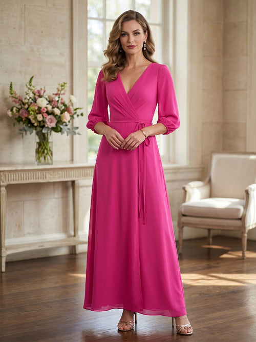 A-Line/Princess Half Sleeves V-neck Floor-length Mother of the Bride Dresses with Bowknot
