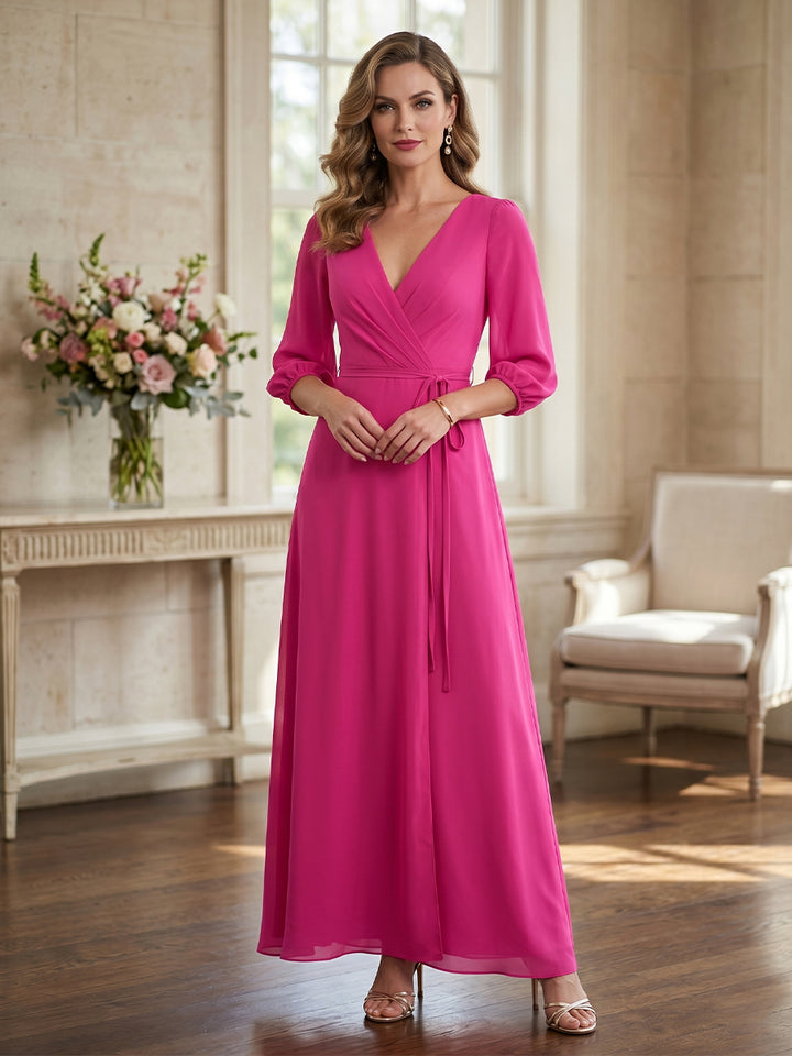 A-Line/Princess Half Sleeves V-neck Floor-length Mother of the Bride Dresses with Bowknot