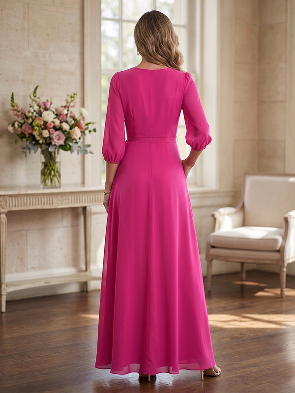A-Line/Princess Half Sleeves V-neck Floor-length Mother of the Bride Dresses with Bowknot