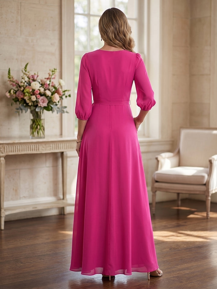 A-Line/Princess Half Sleeves V-neck Floor-length Mother of the Bride Dresses with Bowknot