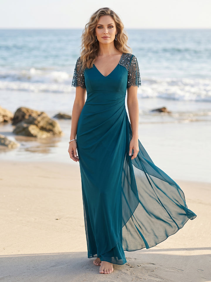 Sheath/Column V-Neck Short Sleeves Floor-length Mother of the Bride Dresses with Beading &amp; Ruffles