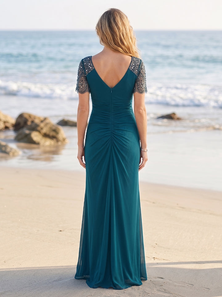 Sheath/Column V-Neck Short Sleeves Floor-length Mother of the Bride Dresses with Beading &amp; Ruffles