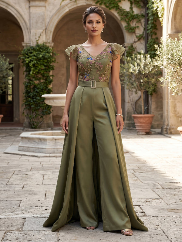 Jumpsuit V Neck Flutter Sleeves Floor-Length Mother of the Bride Dresses with Belt & Applique